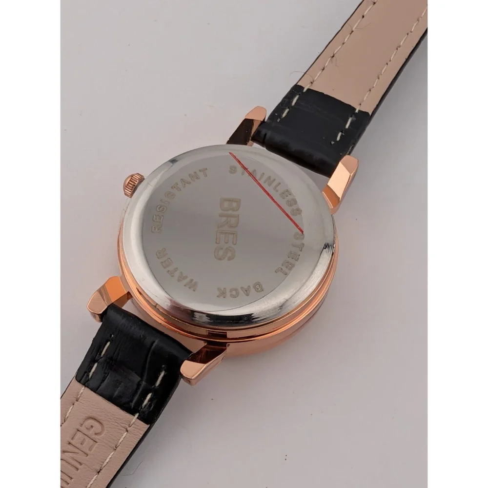 Bres Watch Women 28mm Rose Gold Case Black Leather Band- New‎ Battery